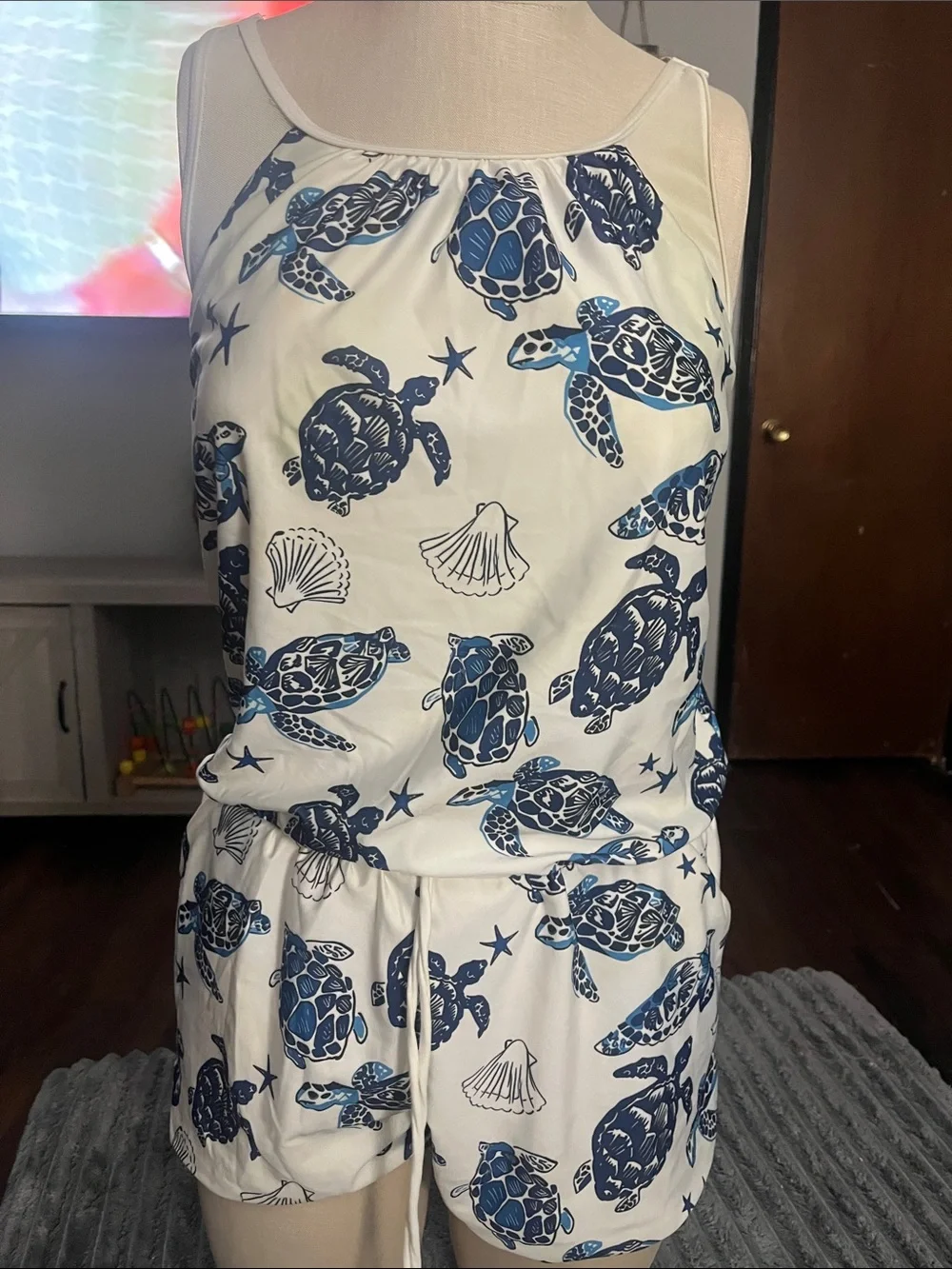 Sea Turtle Print Sleeveless Romper in Navy and White